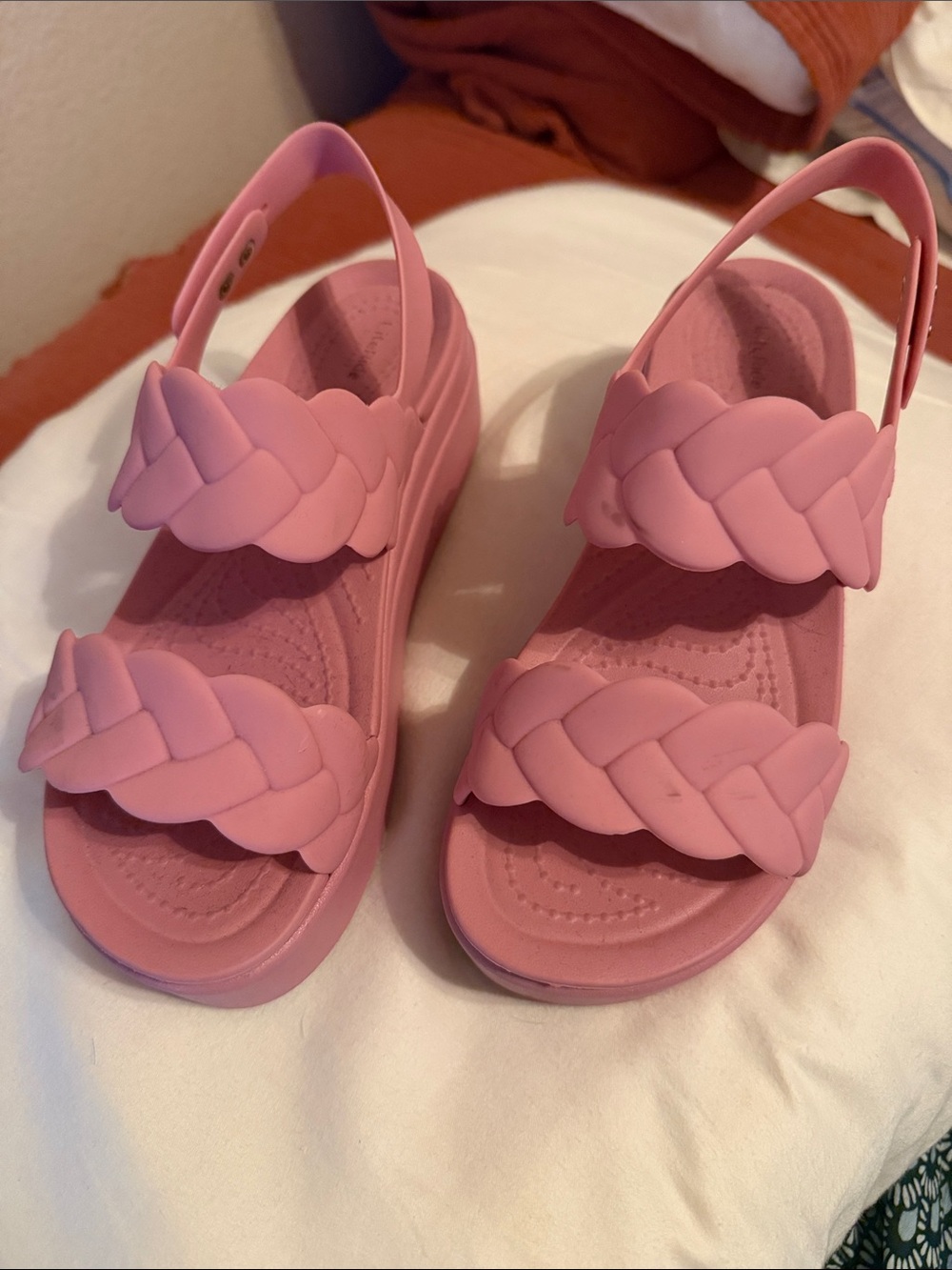 CROCS size 6 Pink Braided-Strap Platform Sandals comfy casual